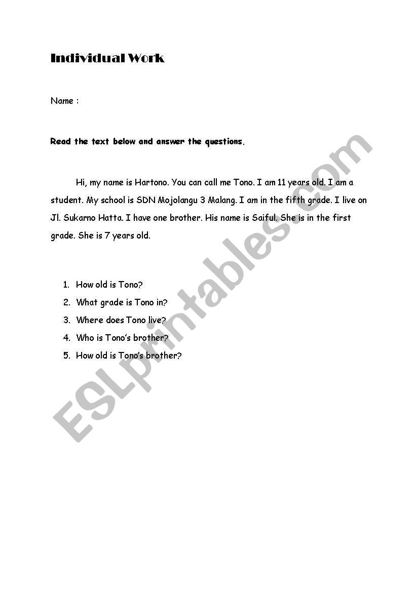 individual work worksheet