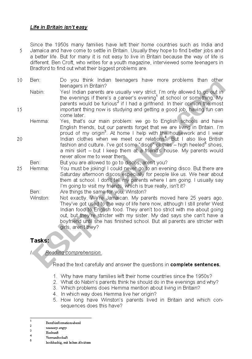 Exam/Class test - Cultural clash, life in Britain isnt easy