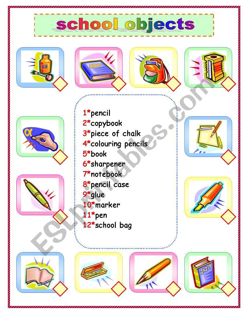 school objects worksheet