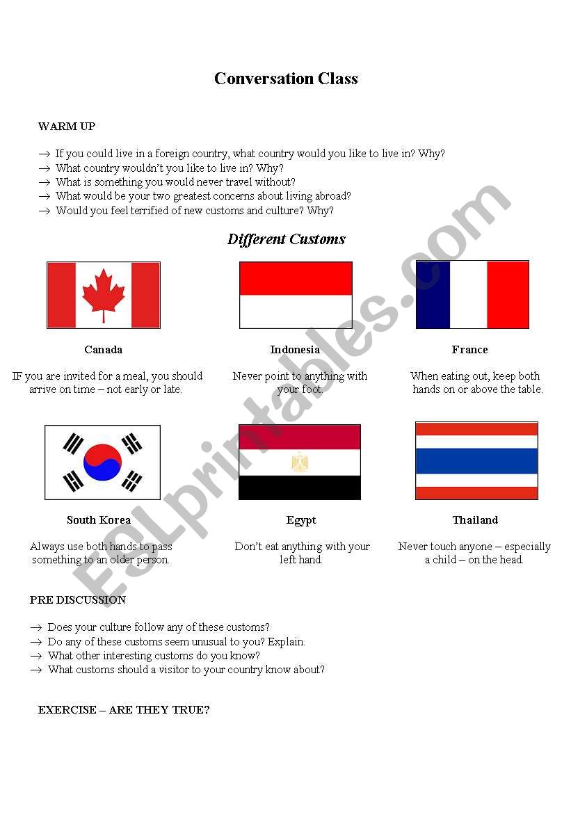 Different Customs worksheet