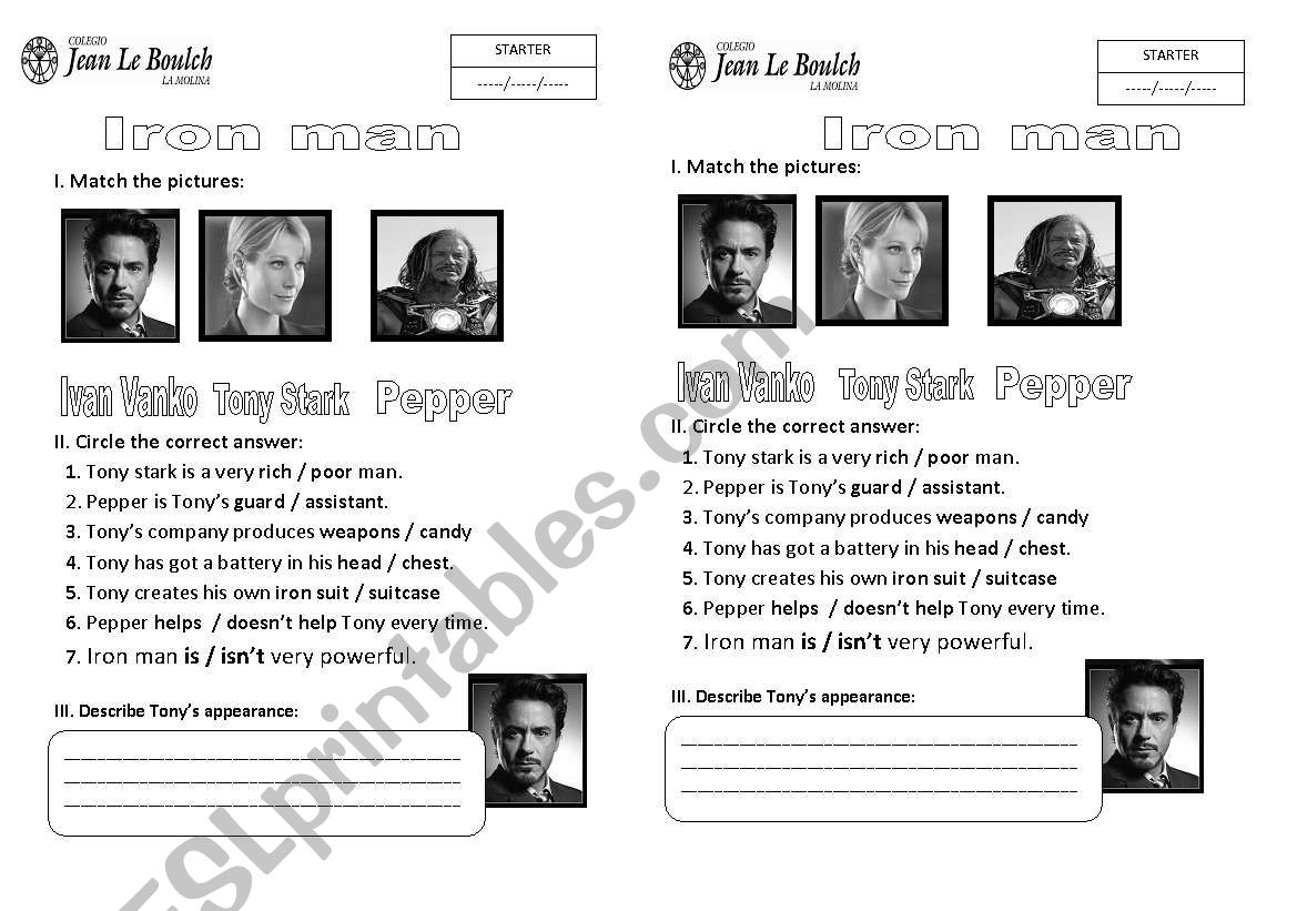 Iron man movie worksheet