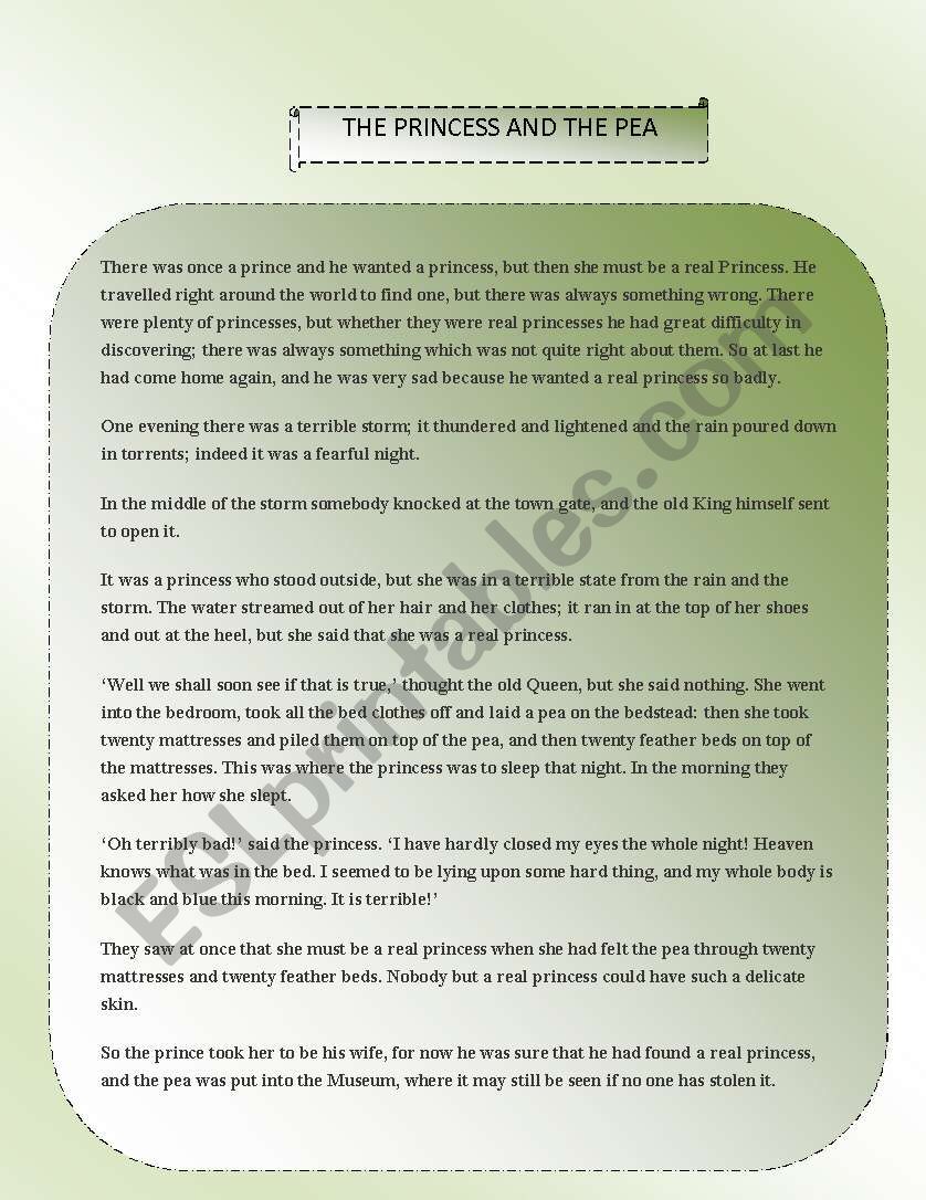 The Princess and the Pea worksheet