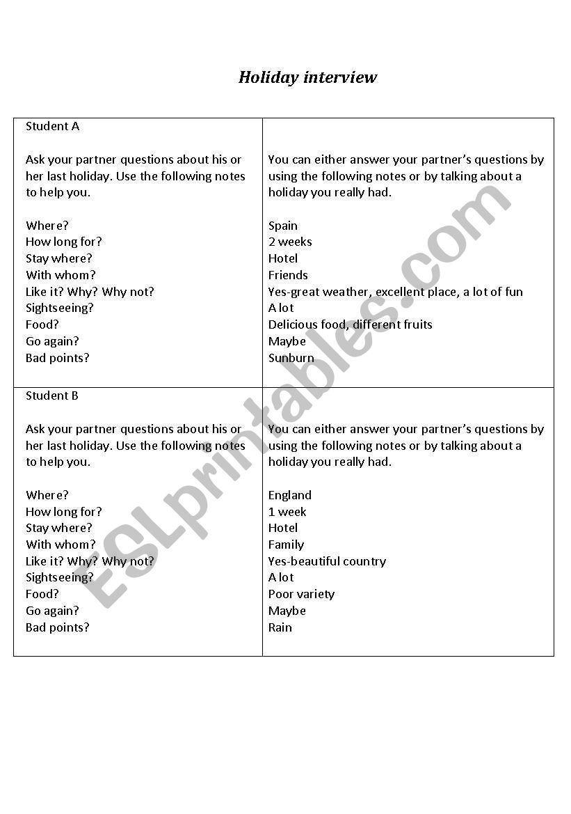 Holiday Interview worksheet