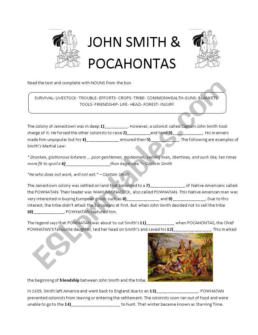 Early settlement in the USA. John Smith and Pocahontas
