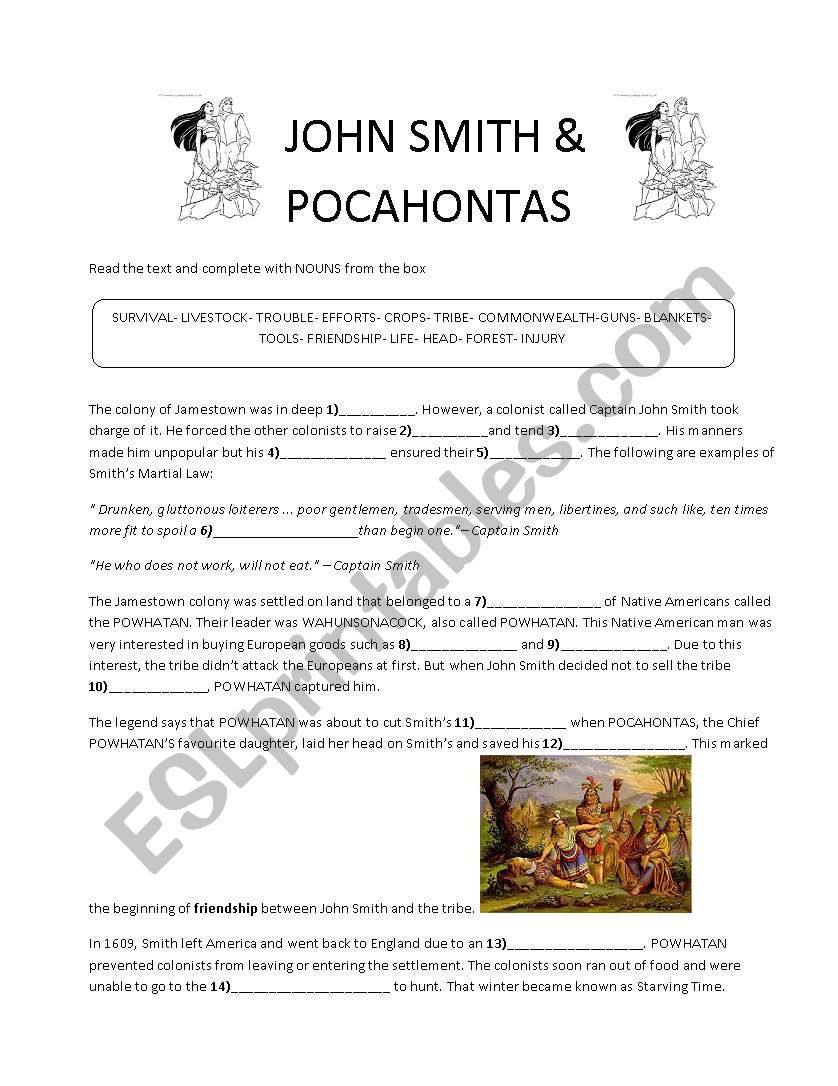 Early settlement in the USA. John Smith and Pocahontas