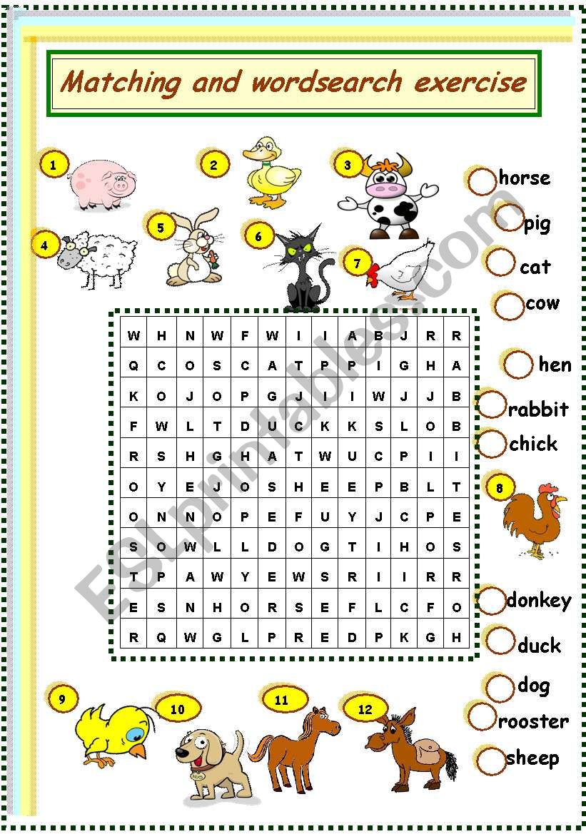 farm animals matching and wordsearch