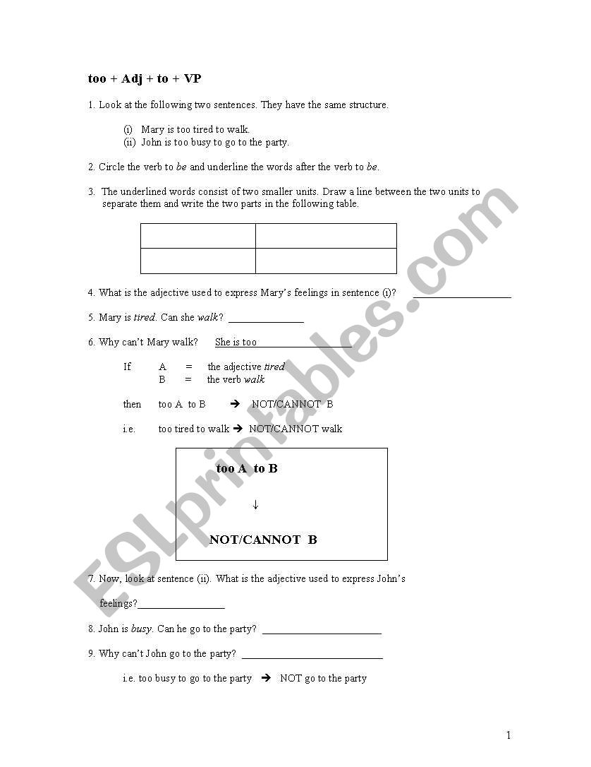 too + adj + to + verb worksheet