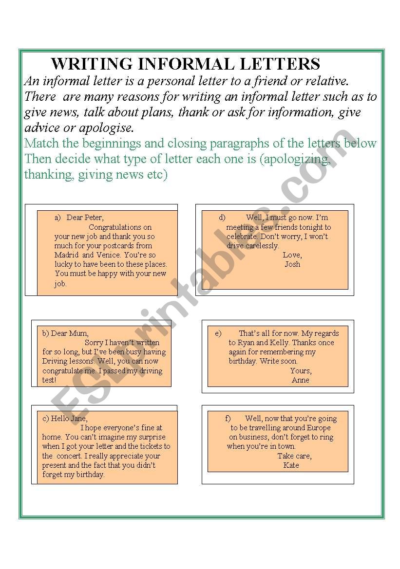 WRITING INFORMAL LETTERS 2 worksheet