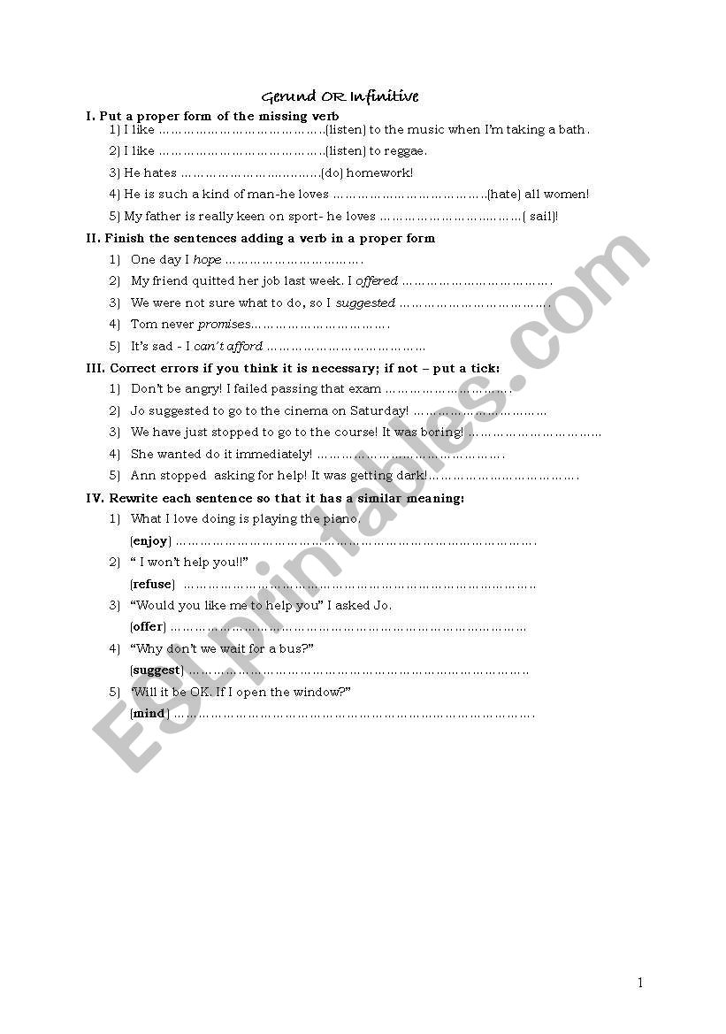 Gerund OR Infinitive worksheet