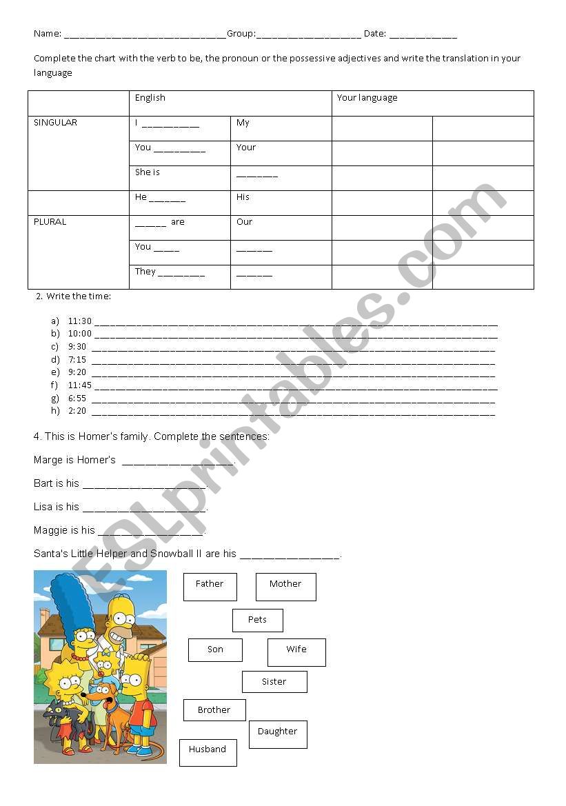 review of verb to be, possessive, time and family vocabulary