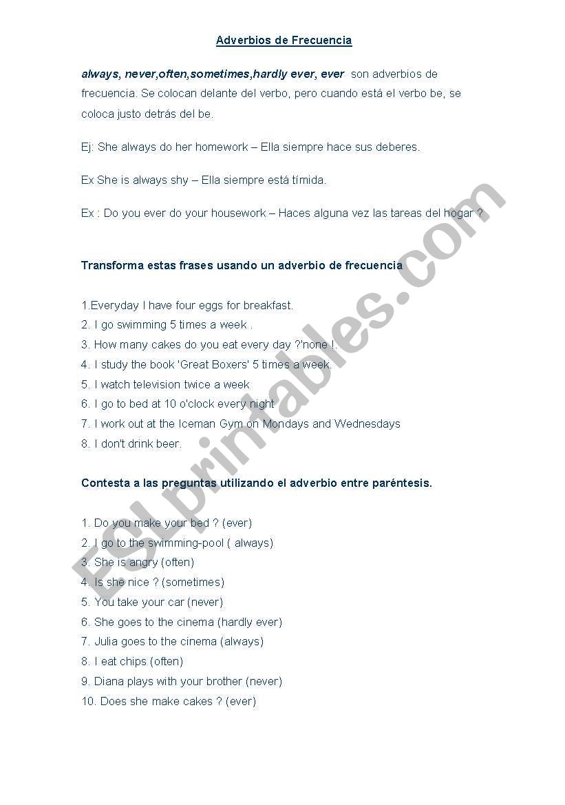 Frequency adverbs worksheet