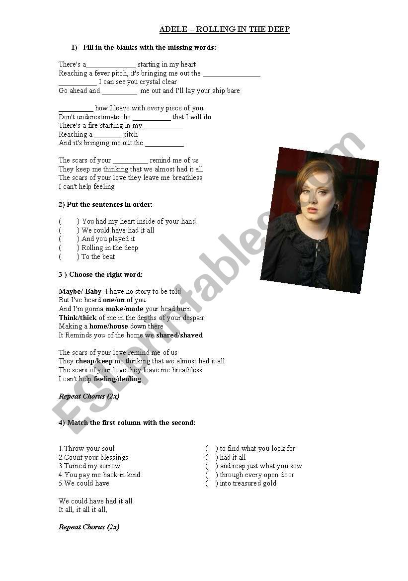 Перевод песни rolling in the. Слова Rolling in the Deep. Rolling in the Deep Worksheet. Adele Worksheet. Songs Worksheets Adele.