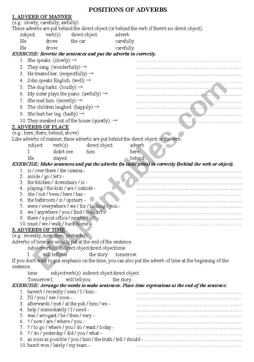 Positions of Adverbs worksheet