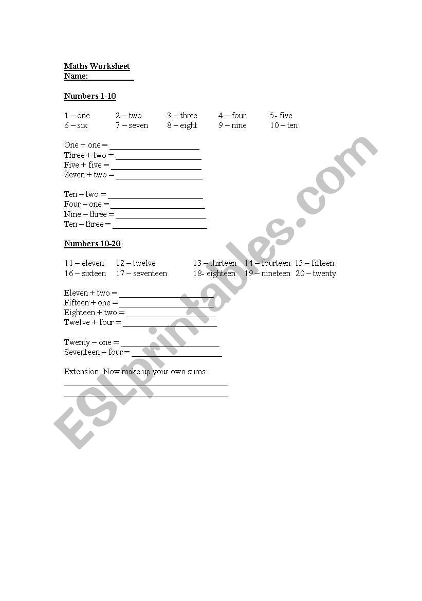 Maths Worksheet (numbers 1-20) 