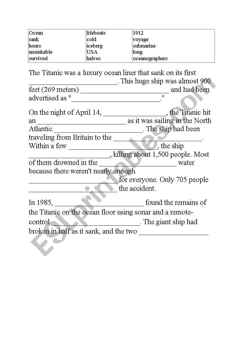 titanic cloze-up worksheet