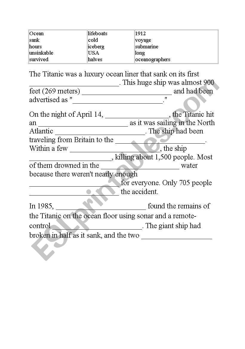 titanic cloze-up worksheet