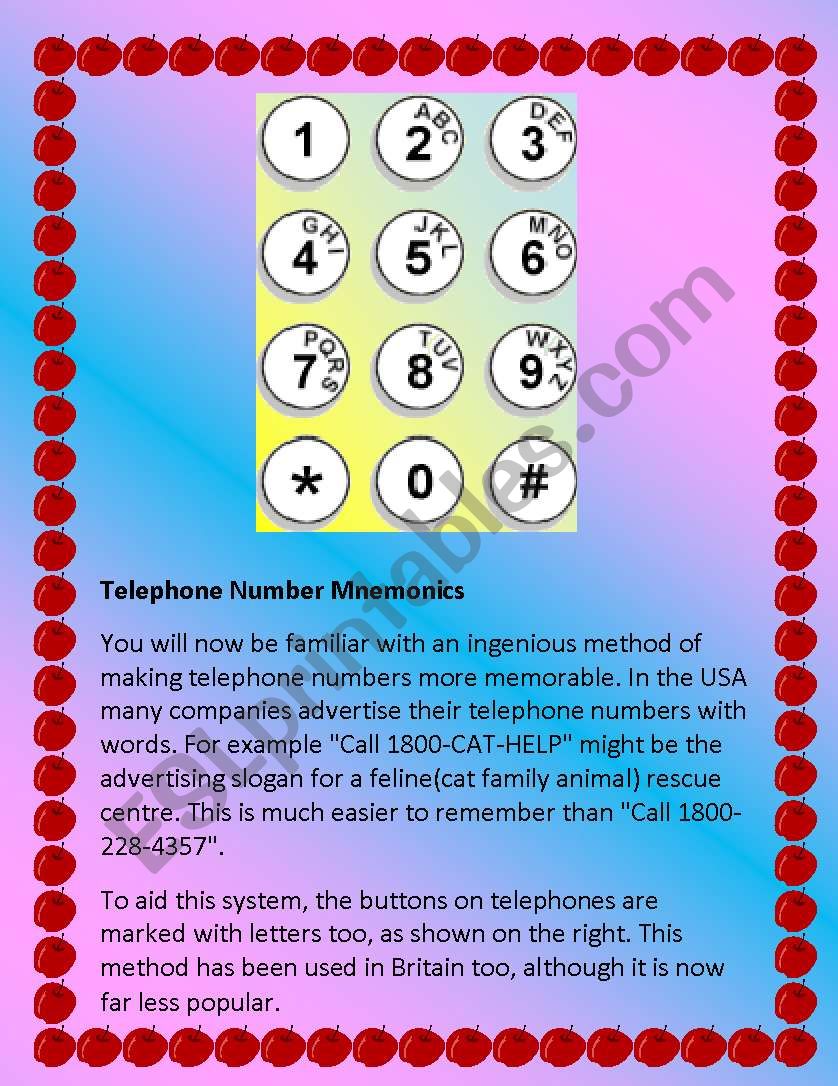 Telephone Momonics worksheet