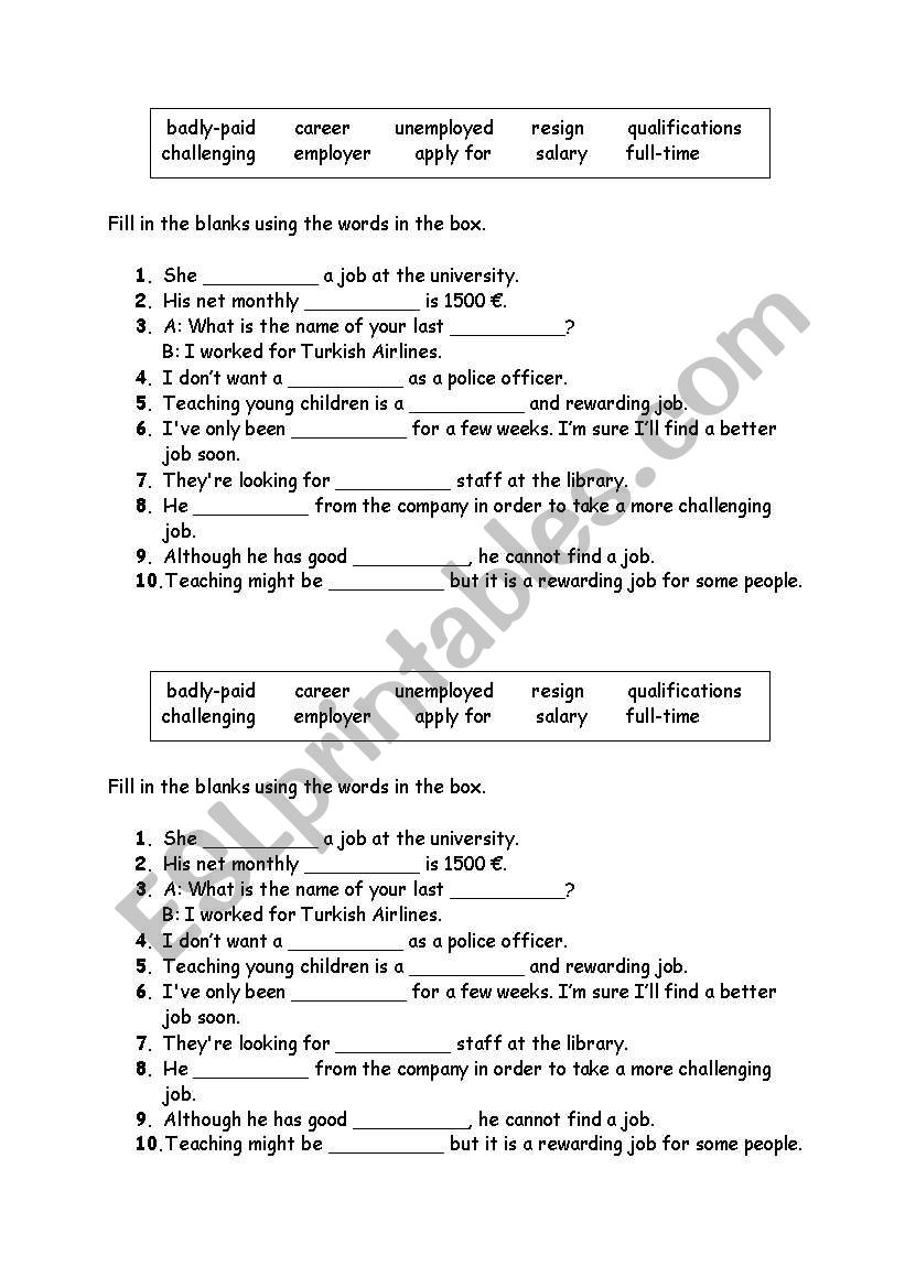 vocabulary about work worksheet