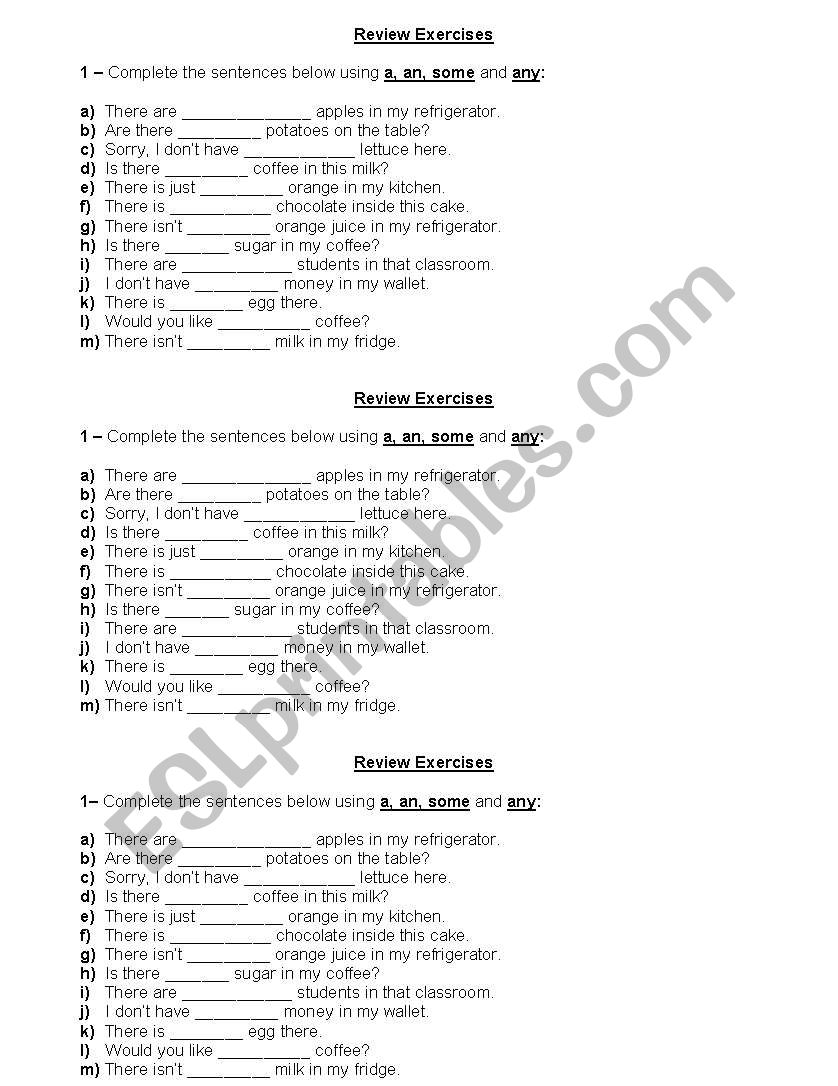 A, AN, SOME OR ANY worksheet