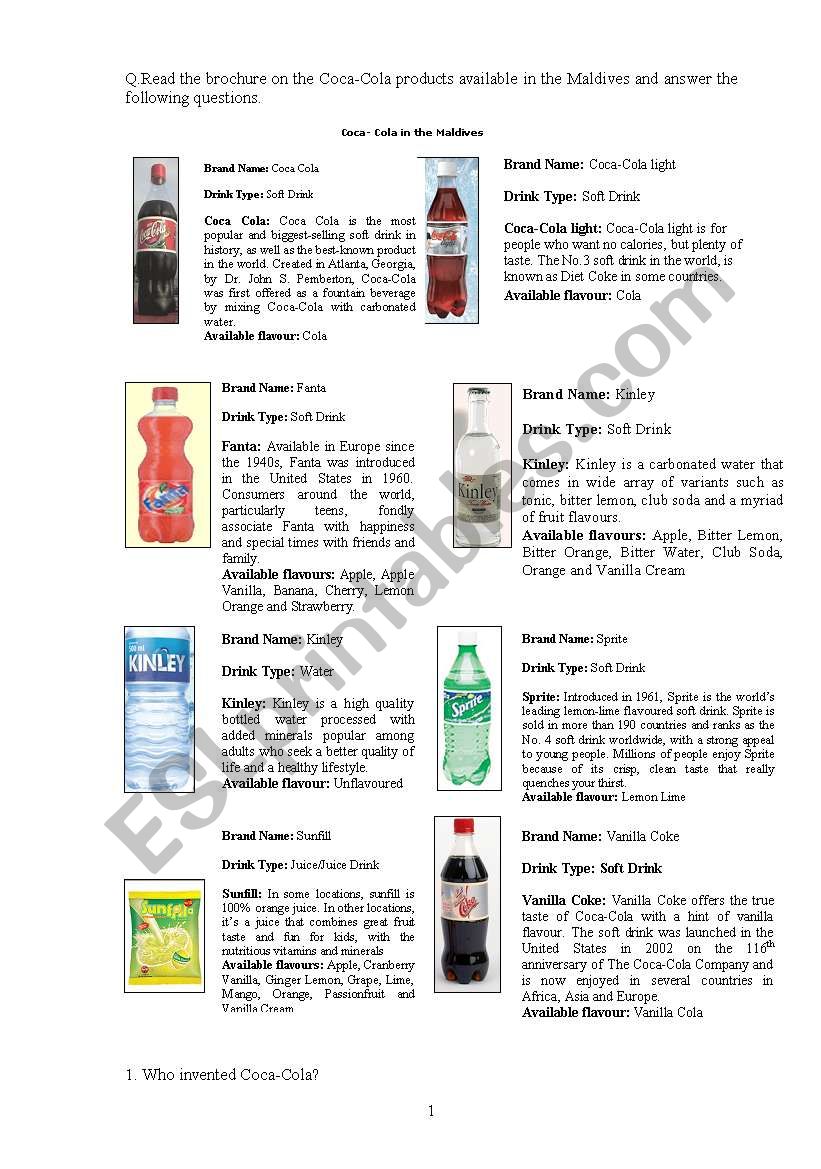 Drinks - Reading worksheet