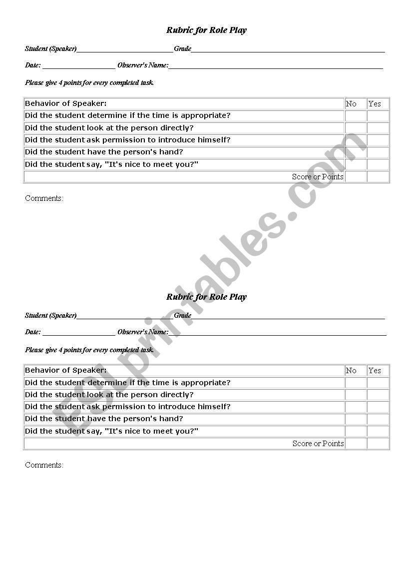 Rubric for role play worksheet