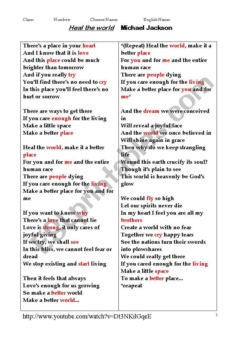 Song fill in the blanks--Heal the world