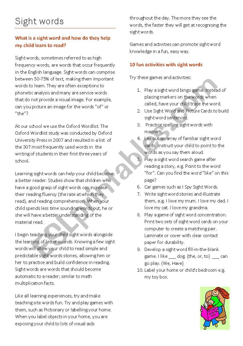 Sight words parent letter worksheet
