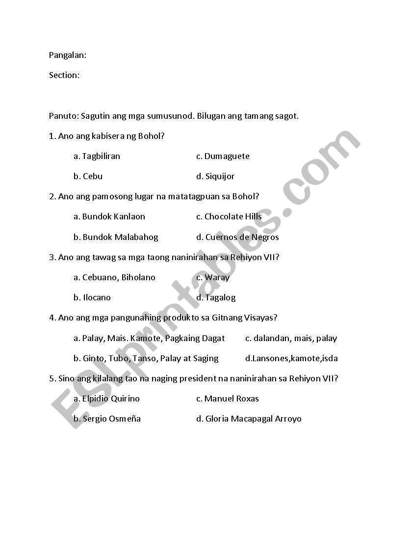 Social studies bohol worksheet
