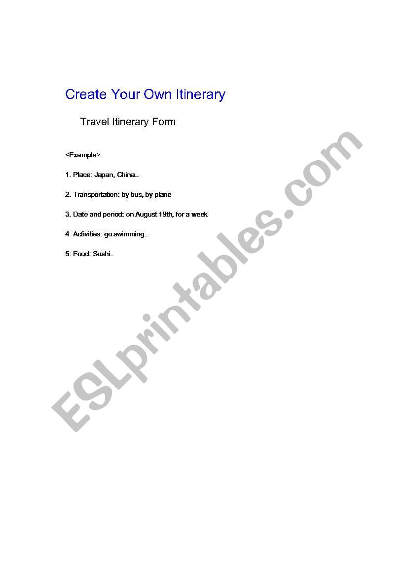 itinerary worksheet