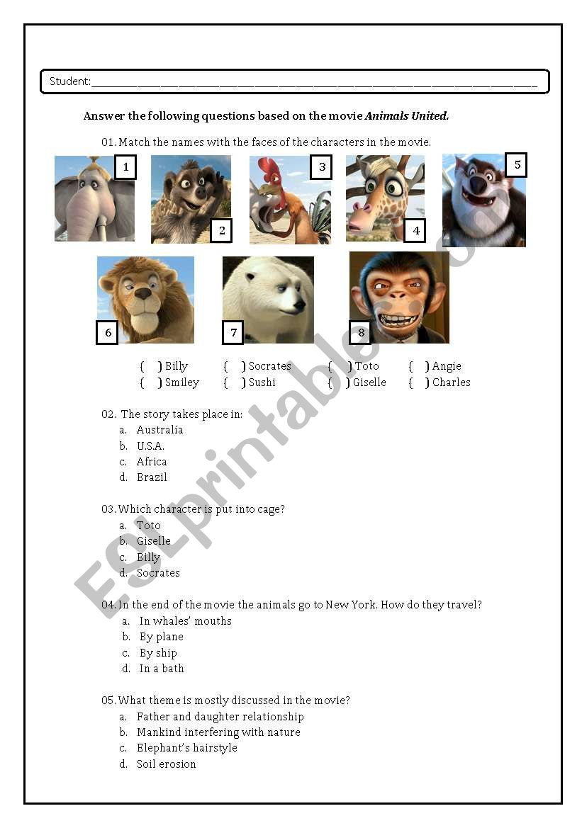 English worksheets: Animals United Activity English worksheets: Animals United Activity