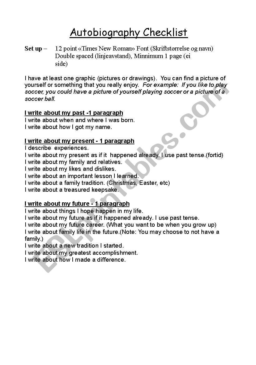 Autobiography Checklist worksheet