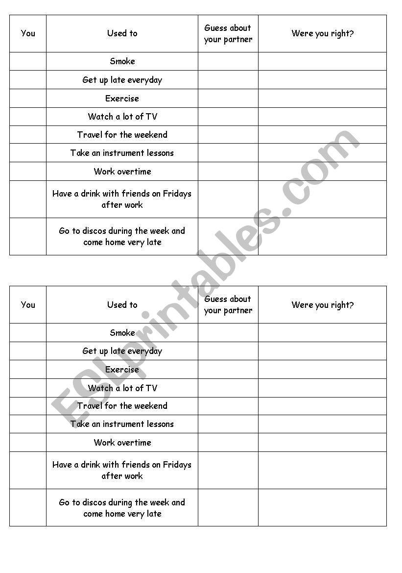 Used to Pairwork worksheet