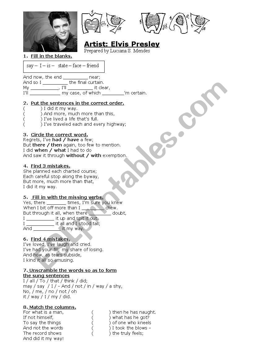 My Way - Elvis Presley worksheet