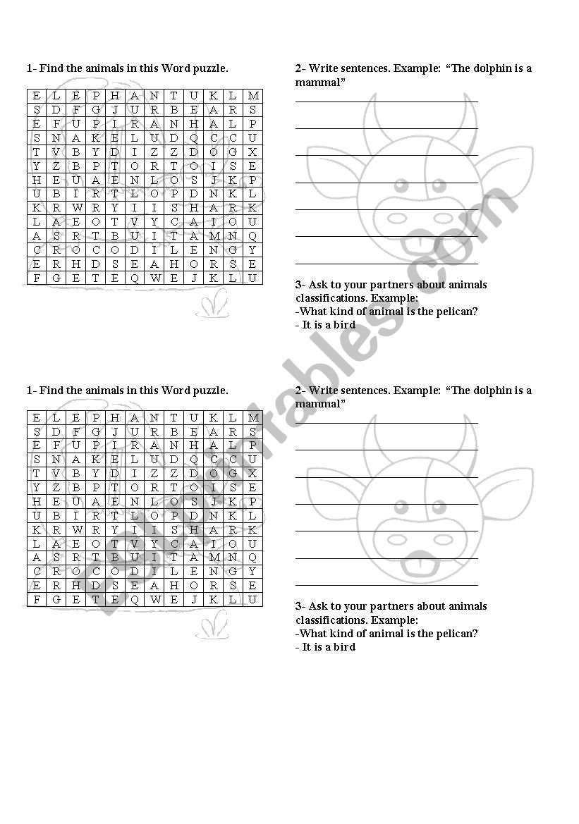 word puzzle animals worksheet