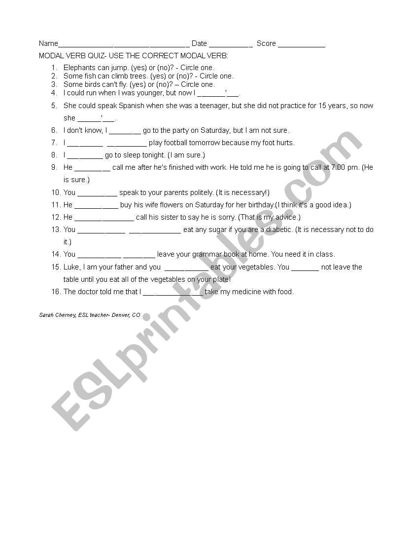Modal Verb Quiz - Elementary worksheet