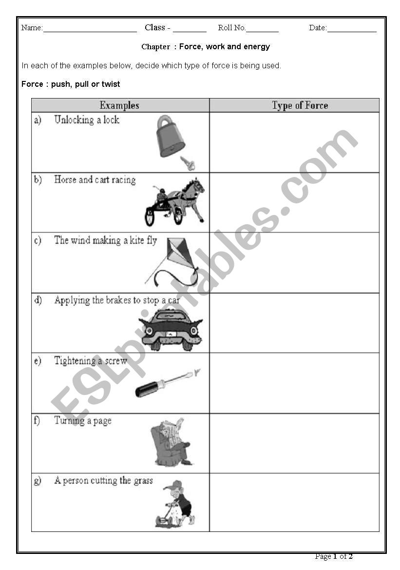 English worksheets: Force, work and energy With Regard To Work Power Energy Worksheet