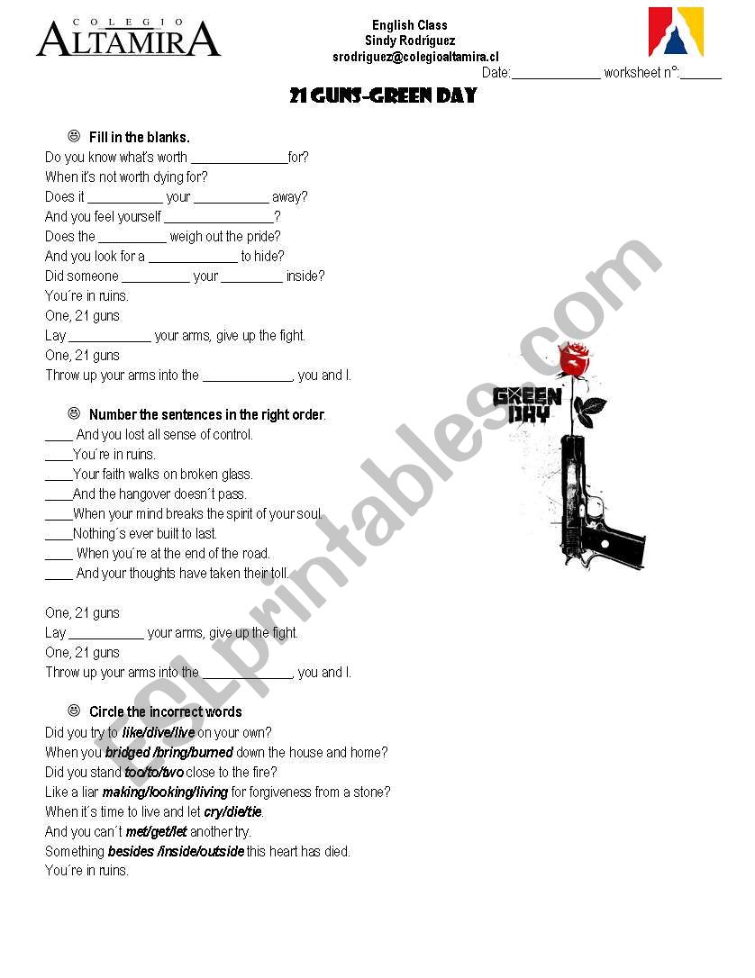 21 guns, green day worksheet