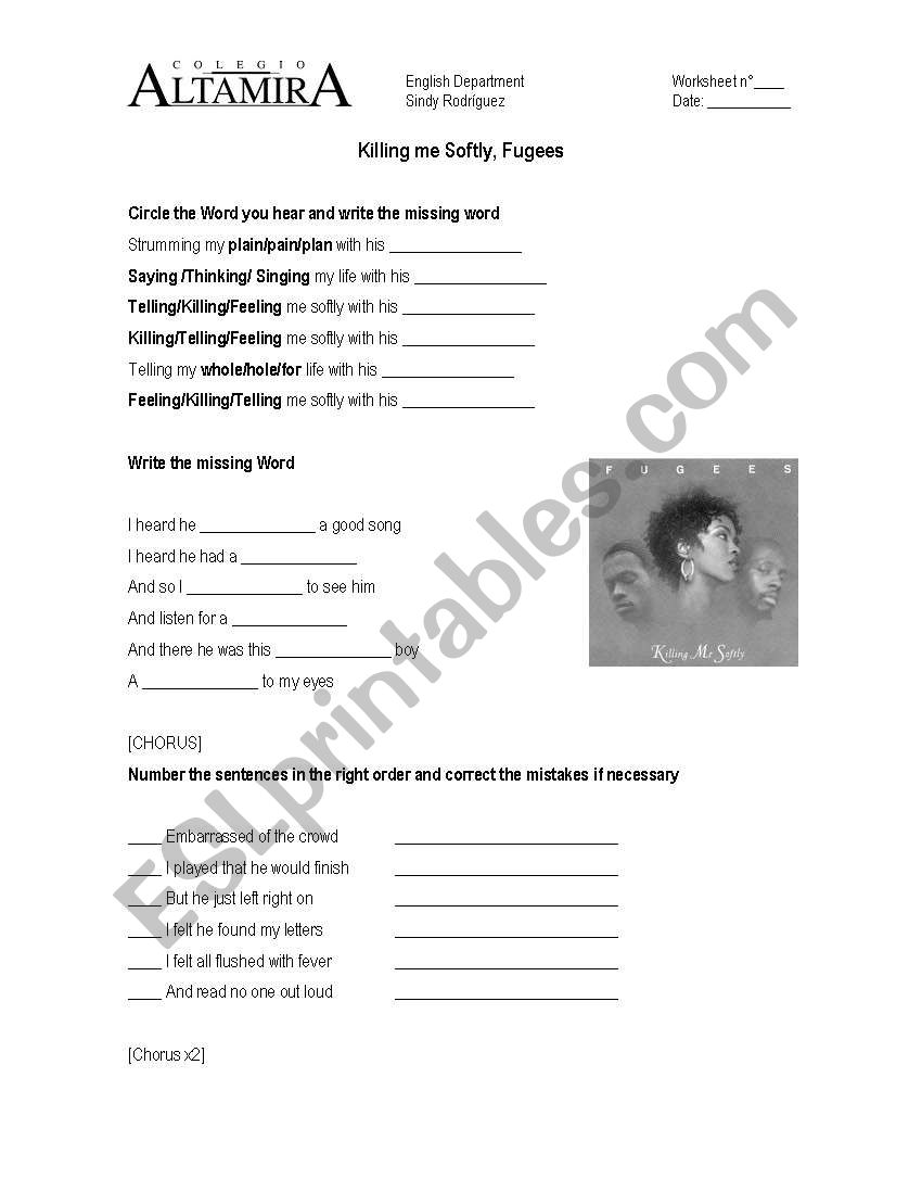 Killing me softly, Fugees worksheet