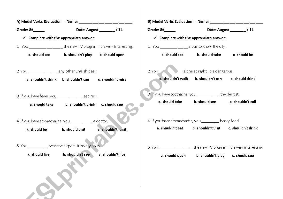 Should and Shouldnt Test worksheet