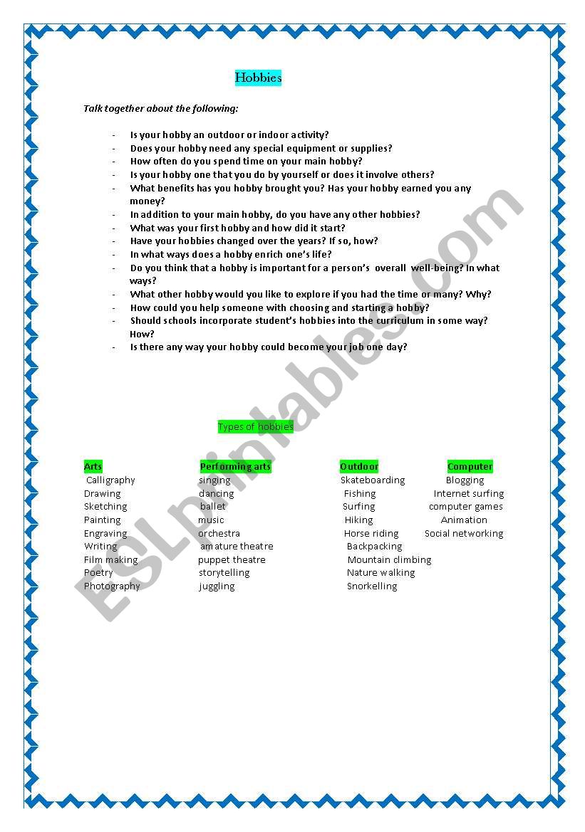 Speaking series: HOBBIES worksheet