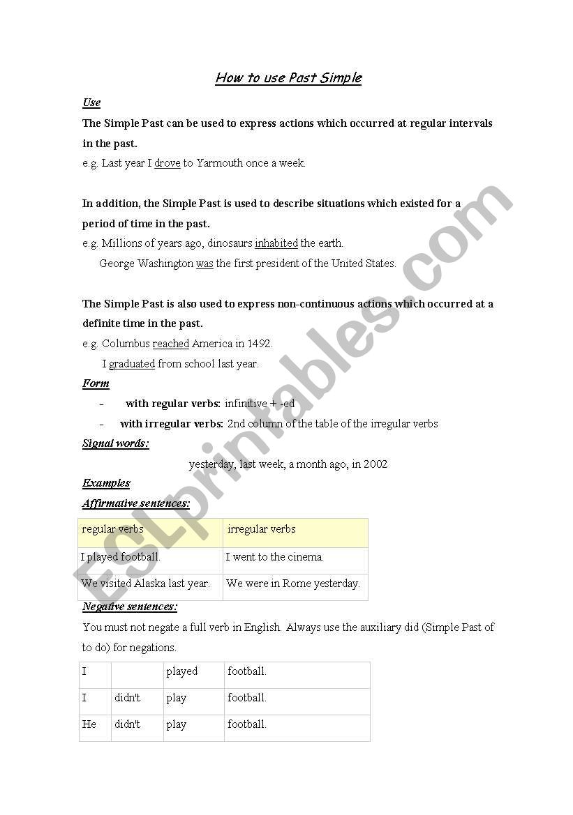 How to use Past Simple worksheet