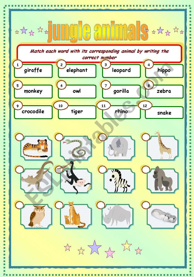 jungle animals matching worksheet