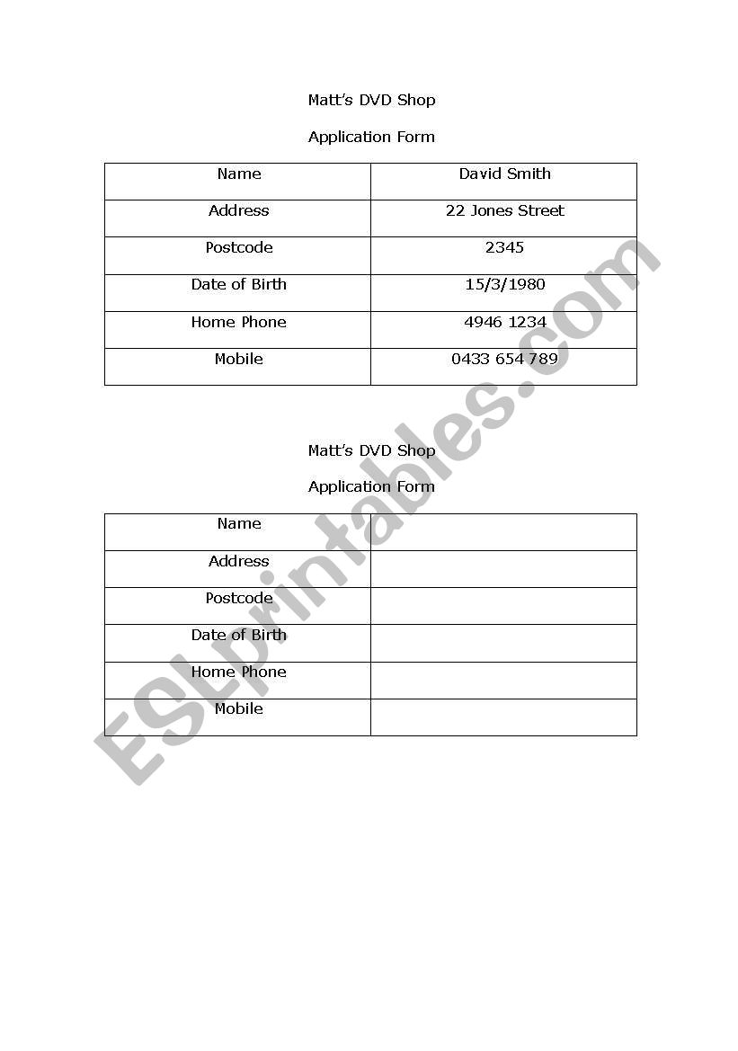 Personal information practice worksheet