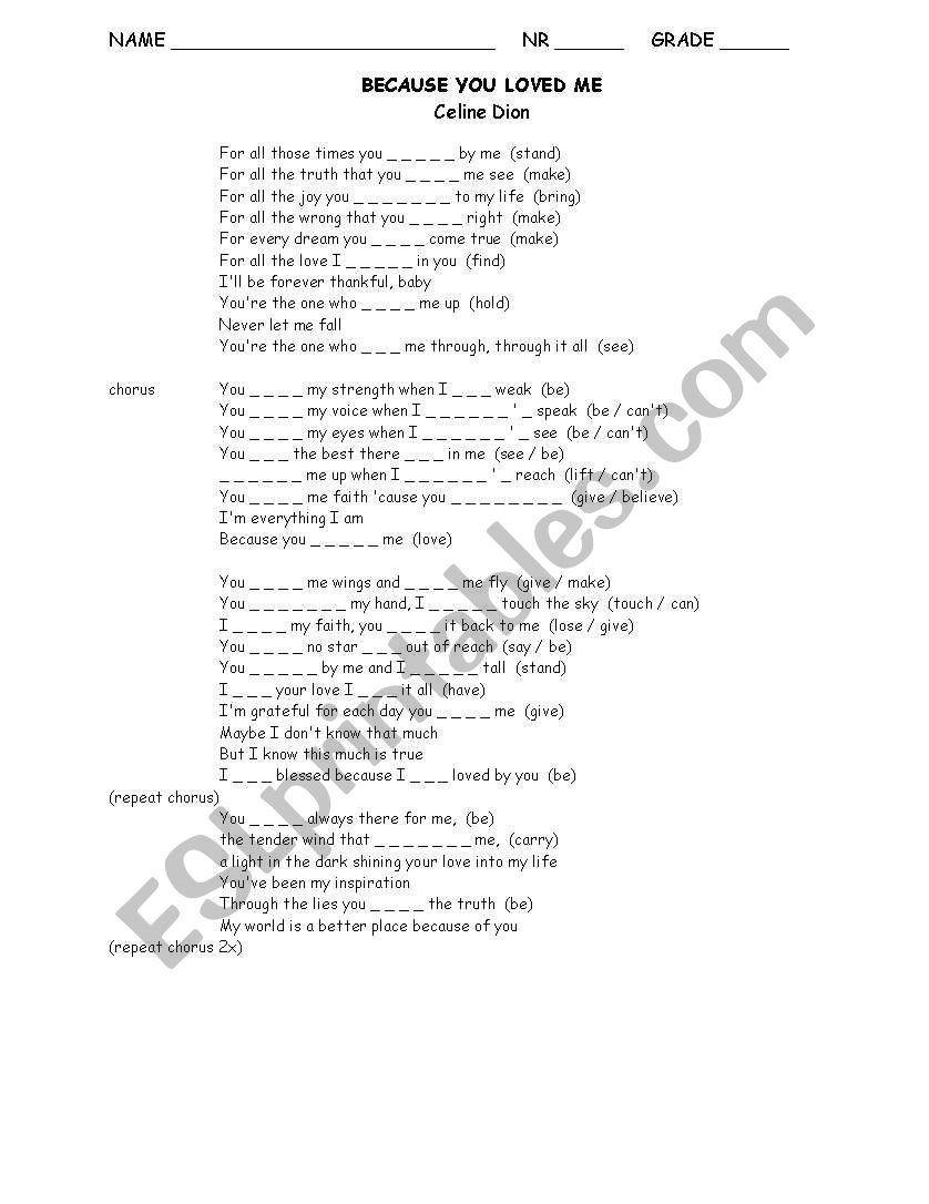 Song Because you loved me worksheet