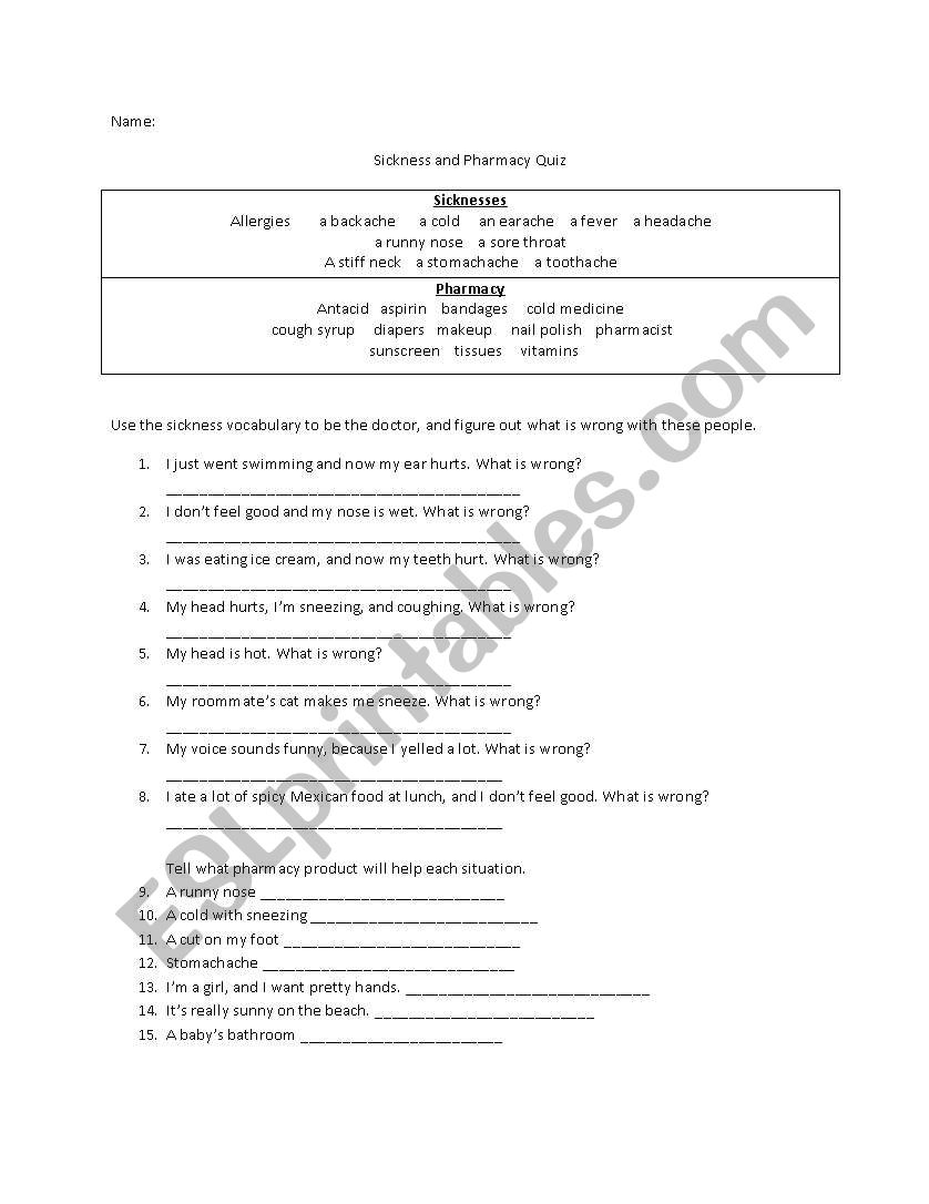 sickness and pharmacy vocab quiz