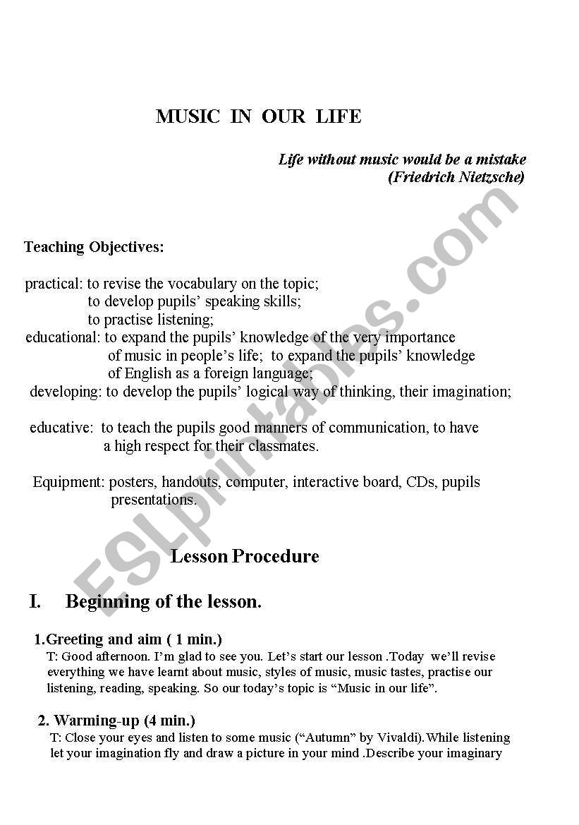 MUSIC IN OUR LIFE  worksheet