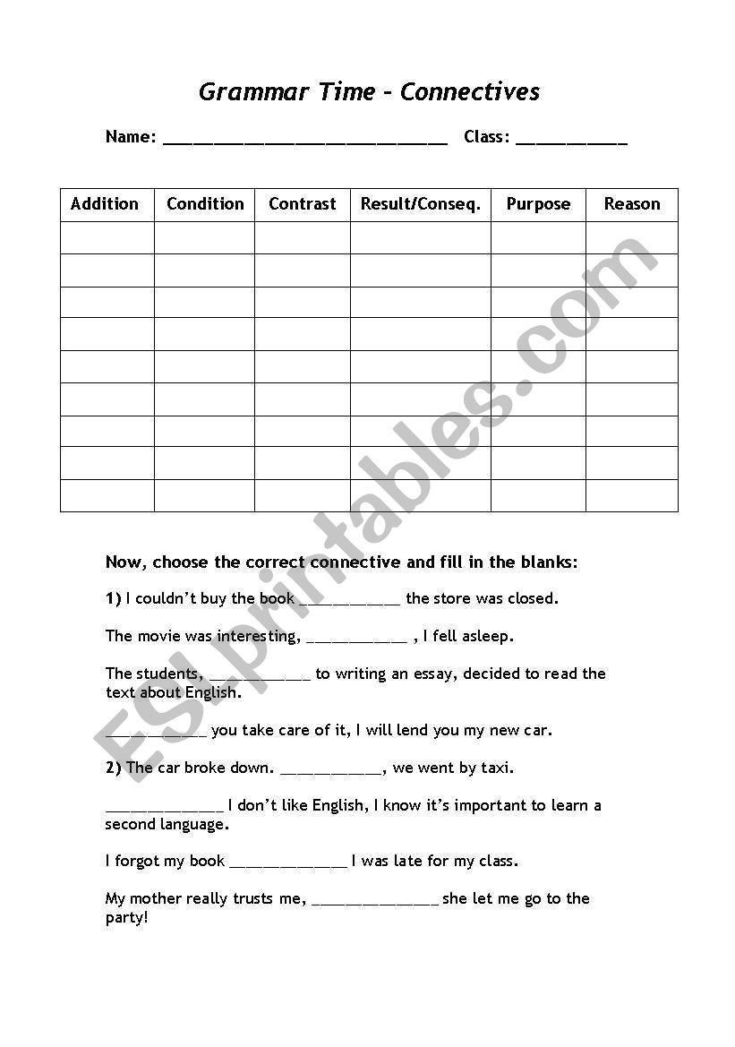 Connectives Table and Fill in the blanks