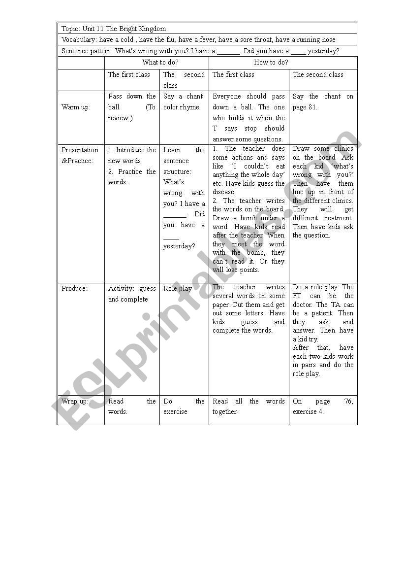 lesson plan of some sickness  worksheet