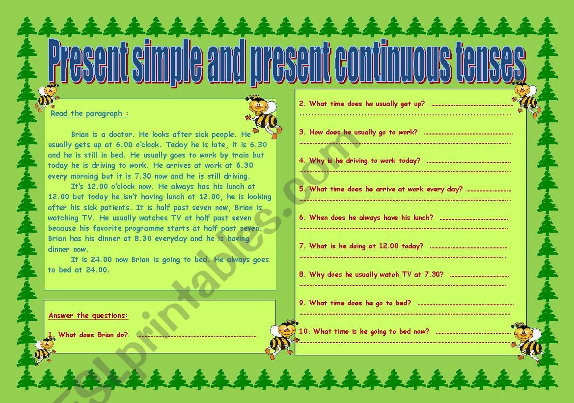 reading passage in present simple and present continuous tenses