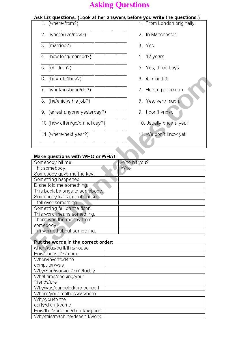 Asking Questions ESL Worksheet By Alinenalima